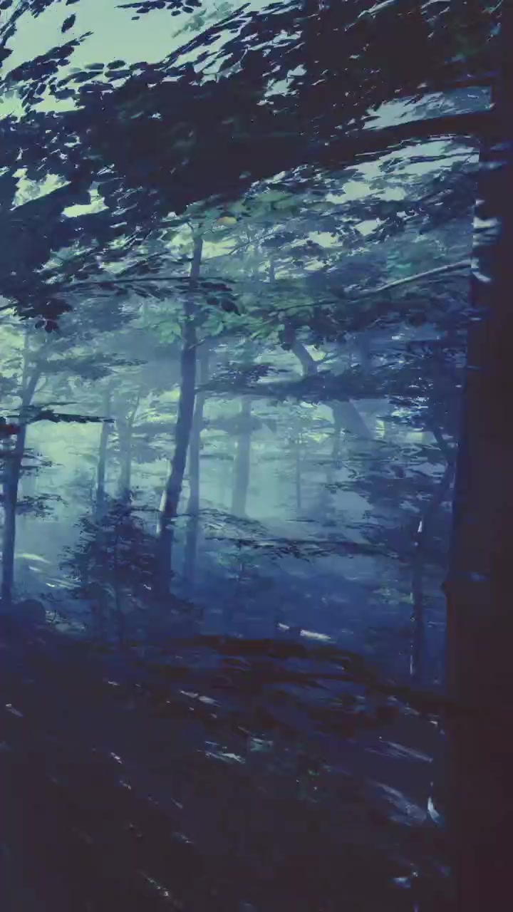 Foresta densa con alberi e nebbia alla luce del primo mattino