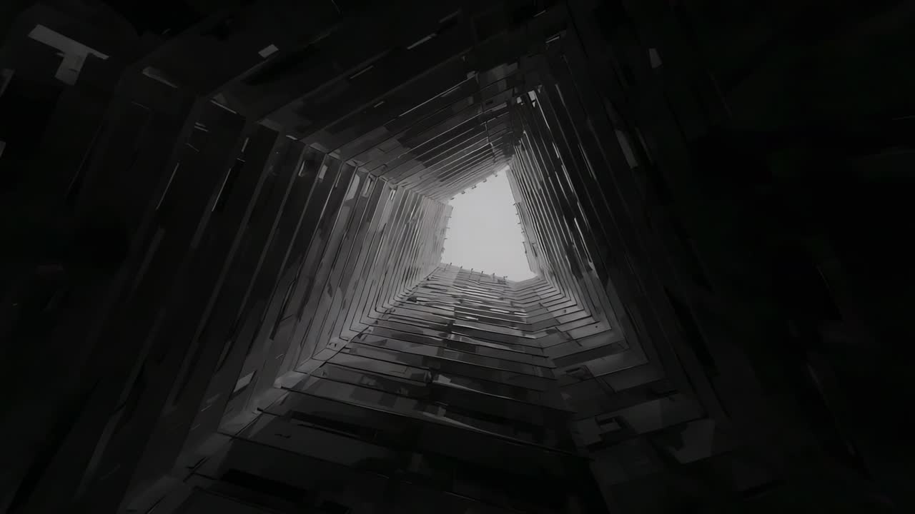 Tilting camera revealing vertical wooden shaft and stacked planks rising to pentagonal bright sky