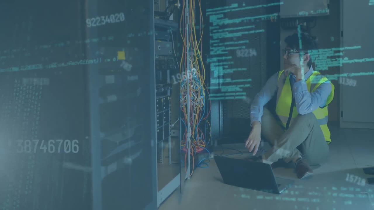 animazione dell'elaborazione dei dati e del cambio di numeri su un ingegnere maschio asiatico che usa un portatile nella sala server.