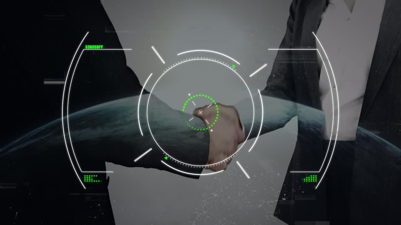 비즈니스맨과 비즈니스맨이 손을 흔드는 중간 섹션에 대한 스캔 범위 이상의 오류 효과