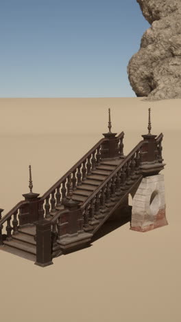 an old, rustic staircase leading up a sand dune in a desert