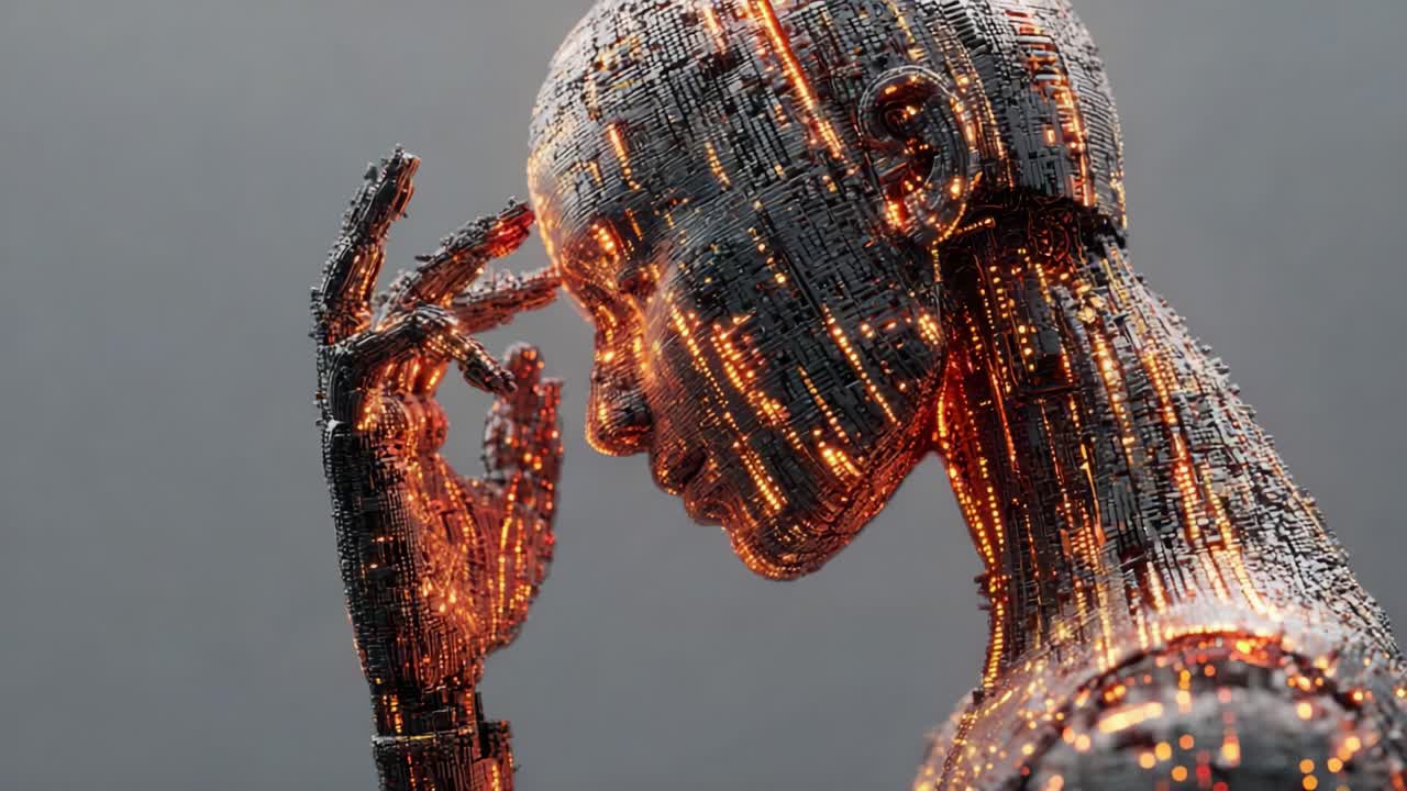 A Futuristic Interpretation of Human Emotion: A Robot Contemplating Existence with a Glowing Circuitry Design, Merging Technology and Humanity in a Thoughtful Posture