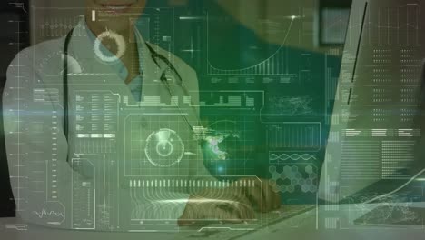 Digital-interface-with-data-processing-over-caucasian-female-doctor-using-computer-at-hospital