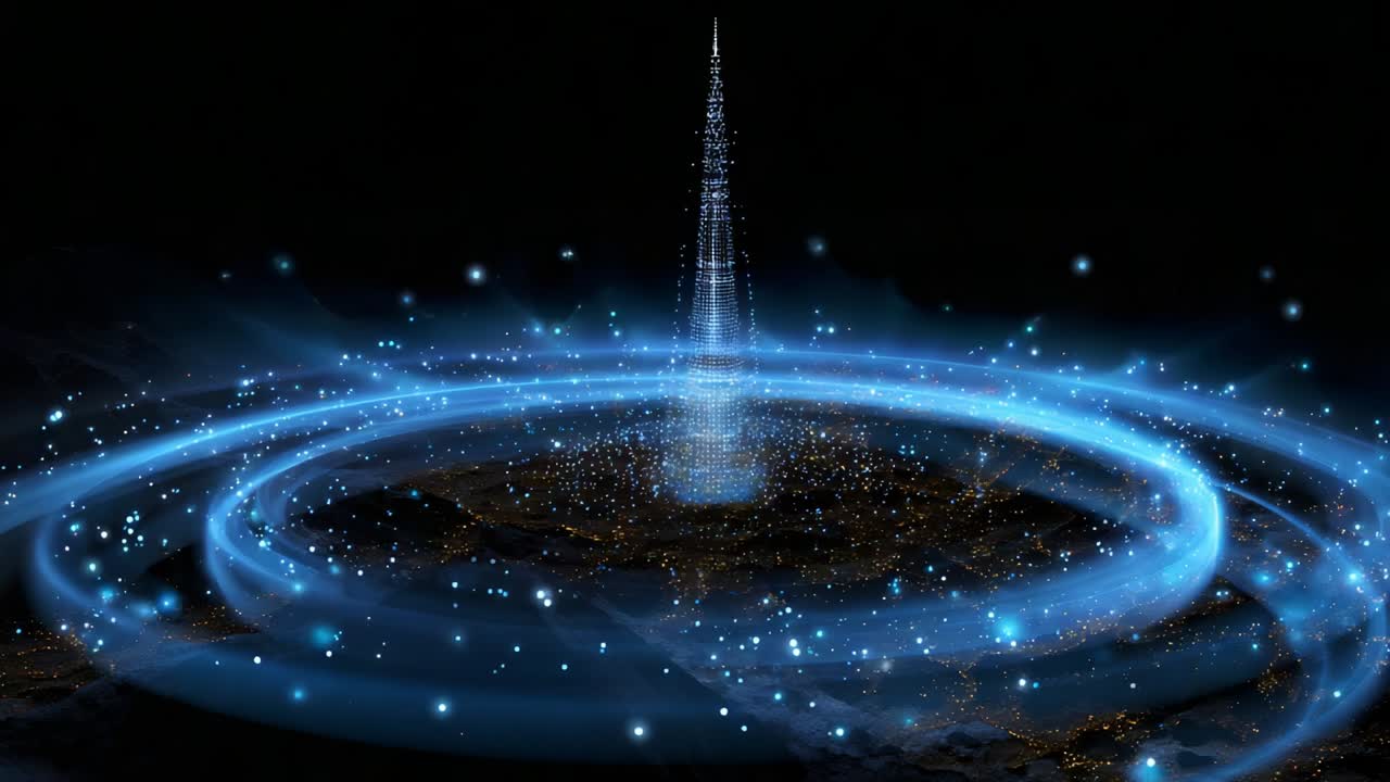 A Mesmerizing Visual Journey Through Celestial Light Patterns, Featuring an Enigmatic Tower Surrounded by Spiraling Blue Energy Waves Emitting from the Ground in a Dark Cosmic Landscape