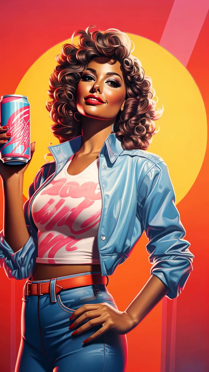 Gazlı içecek kutusuyla poz veren canlı retro pop art kadın.