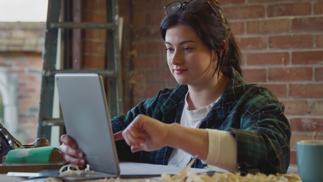 carpintero femenino en un taller de garaje mirando el diseño en una tableta digital