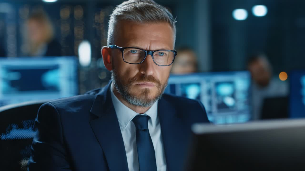 Intenst fokuseret professionel i et moderne arbejdsrum analyserer data målrettet, omgivet af avanceret teknologi og engagerede kolleger i et virksomhedsmiljø.