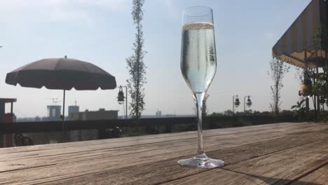 one classy glass of cooled italian sparkling wine with city panoramic view