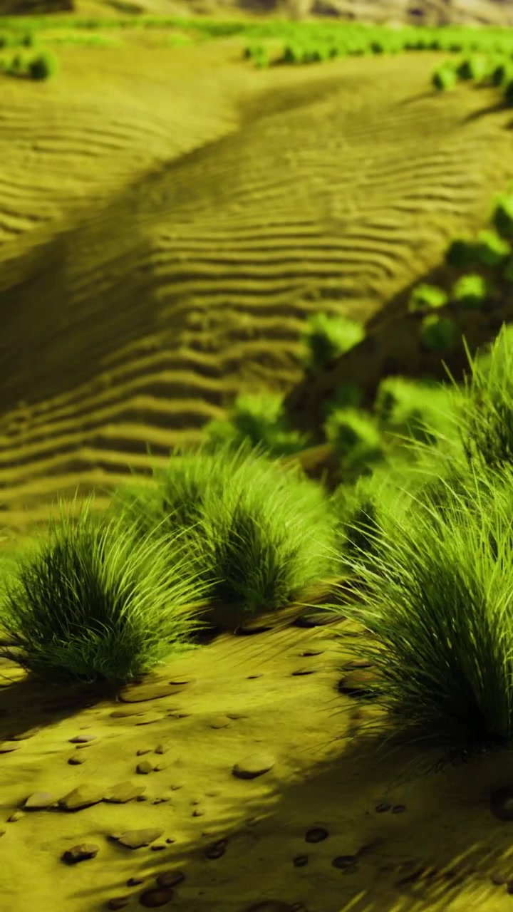 Erba verde cresce in una zona sabbiosa circondata da colline e luce solare nella natura.