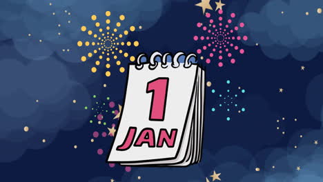 animation of 1 january calendar page with fireworks on blue background