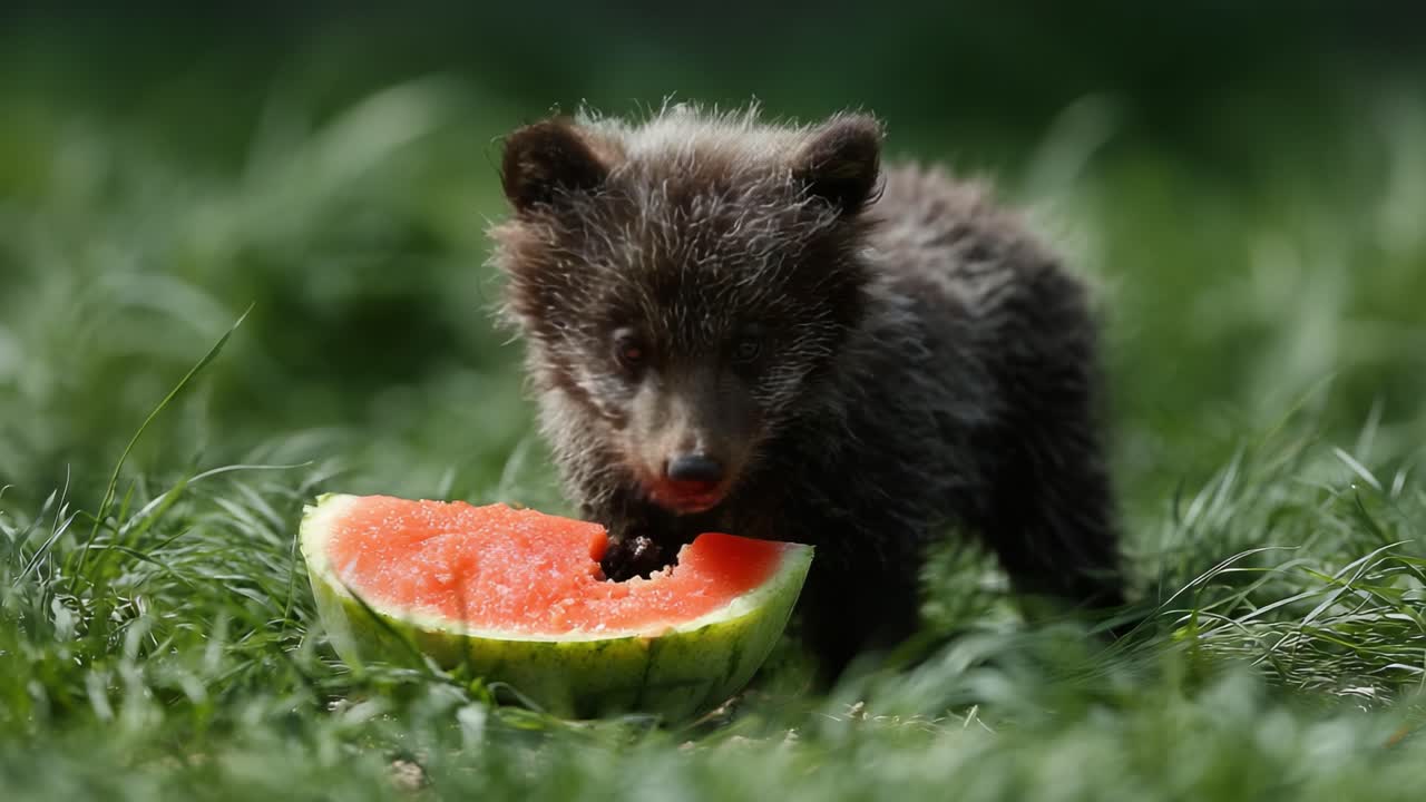 A Curious Baby Bear Enjoying a Slice of Juicy Watermelon in a Lush Green Field, Captivating the Essence of Playfulness and Nature's Bounty