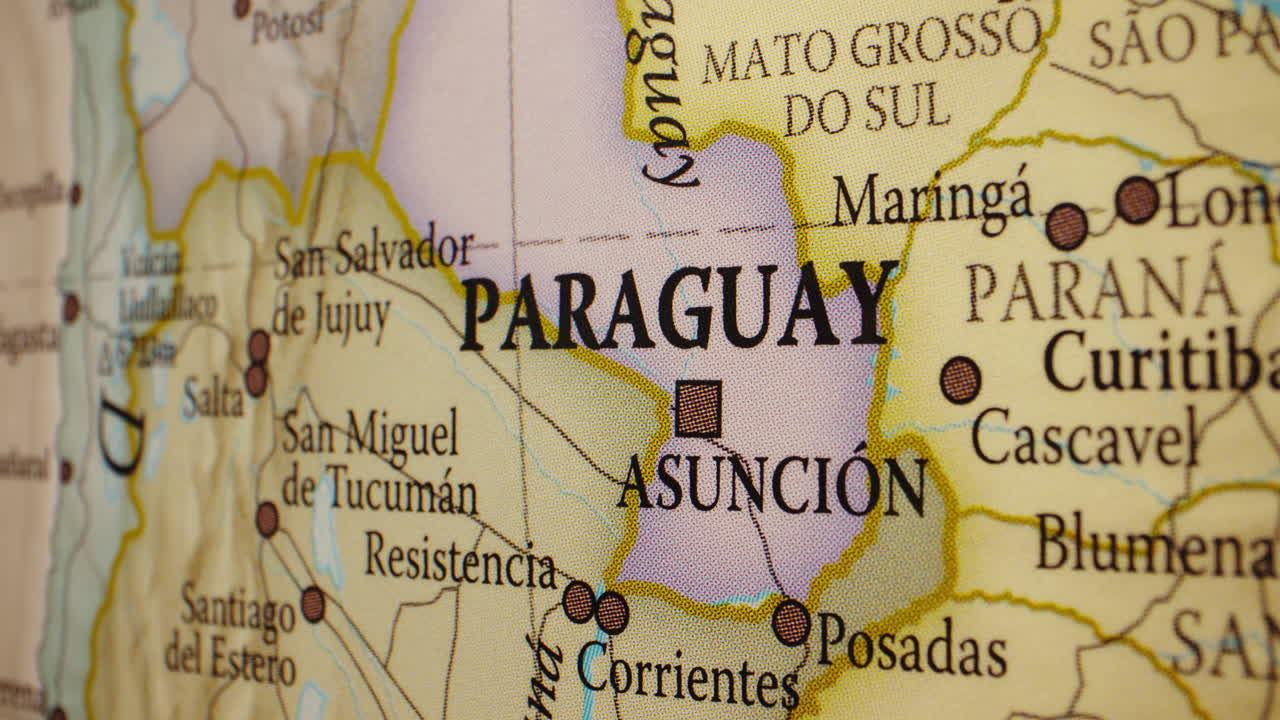 Close-up of a map showing Paraguay and neighboring South American countries