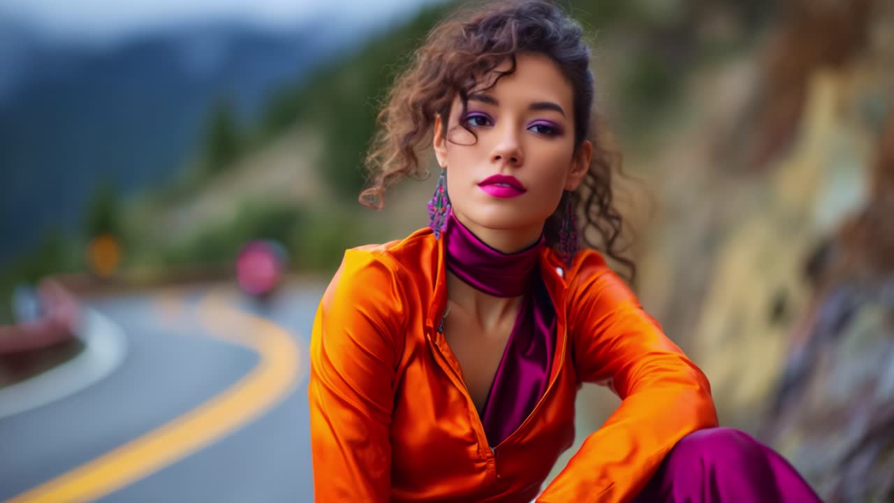 A Stylish Portrait of a Young Woman with Curly Hair Wearing Bright Orange and Purple Outfit Against a Scenic Mountainous Road Background