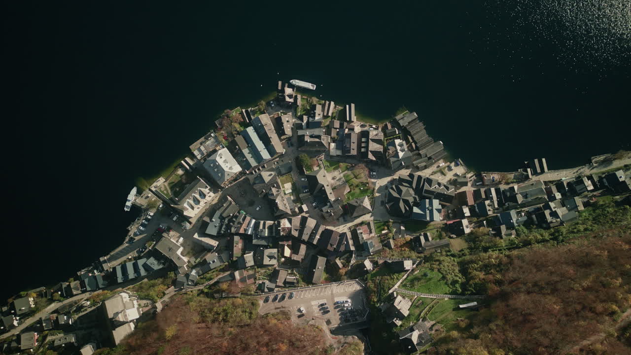 Aerial view of a village on a lake