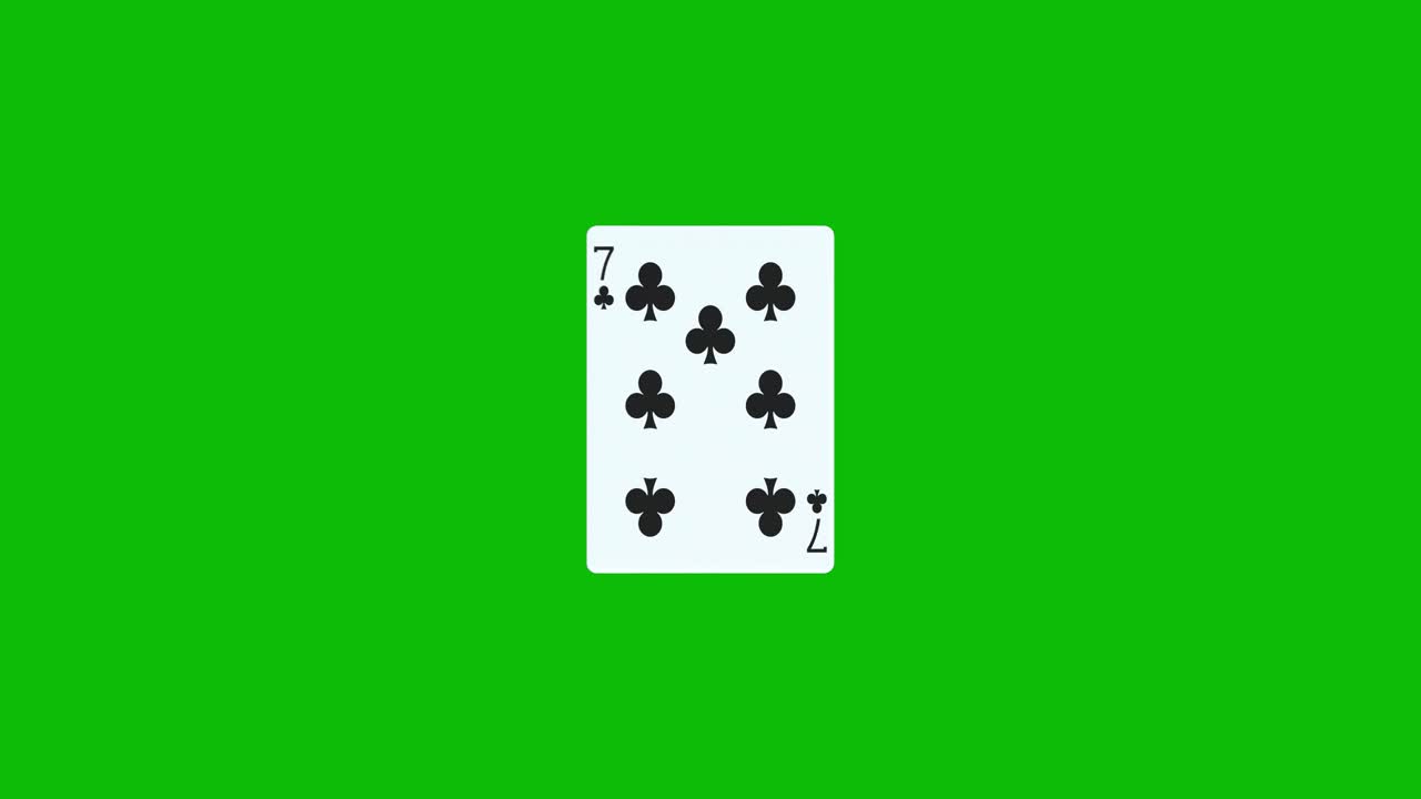 Una carta da poker, il sette di fiori, ruota e si rivela su uno sfondo verde, animazione 3D. Puoi modificare la tempistica della clip per controllare l'effetto di rivelazione.