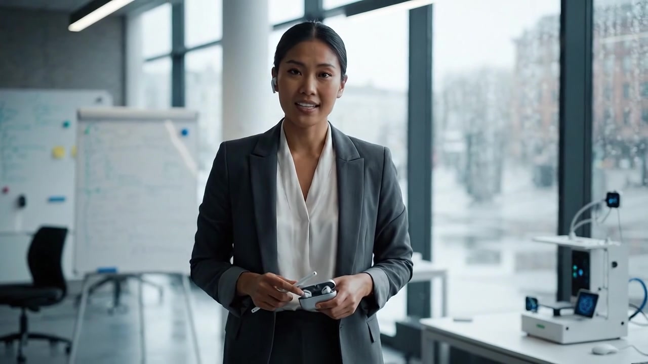 Focused professional in an office environment, holding a device, surrounded by technology and creative elements, showcasing determination and innovation in her work.