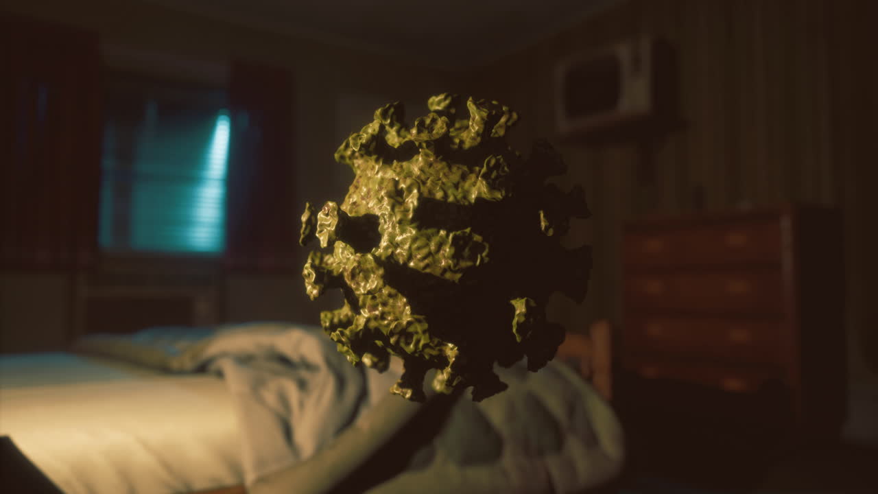 Intricate depiction of a virus in a dimly lit bedroom setting at night