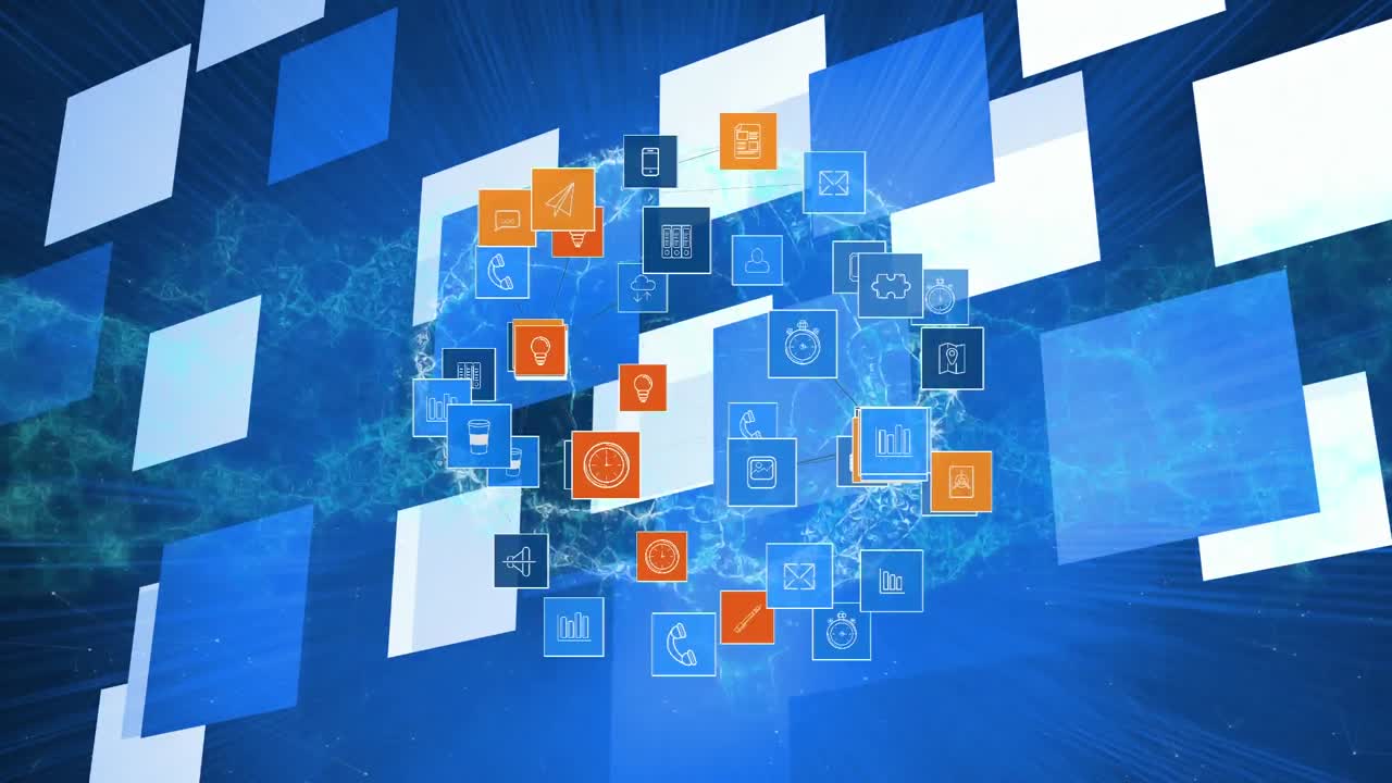 animación de la red de conexiones con iconos sobre pantallas azules