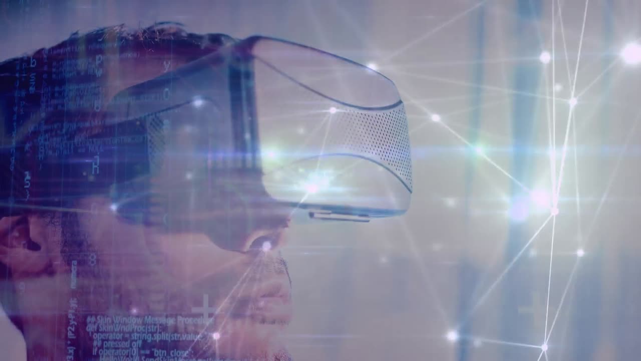 animazione di una rete di connessioni su un uomo d'affari che indossa un auricolare vr
