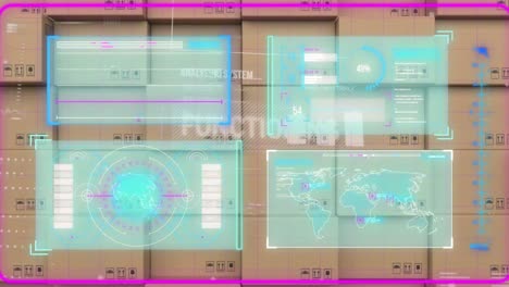 animation of data processing on screens over stack of cardboard boxes