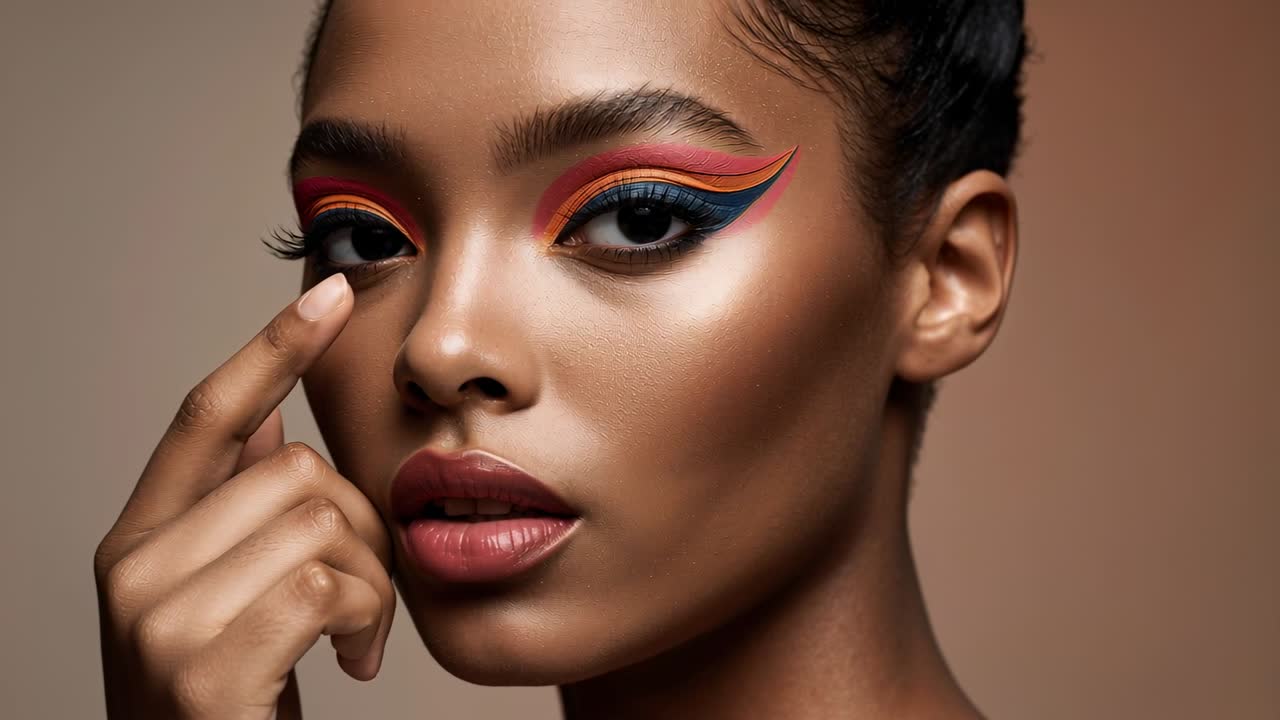 Turning beauty model adjusting face toward camera as crop tightens in studio, highlighting liner