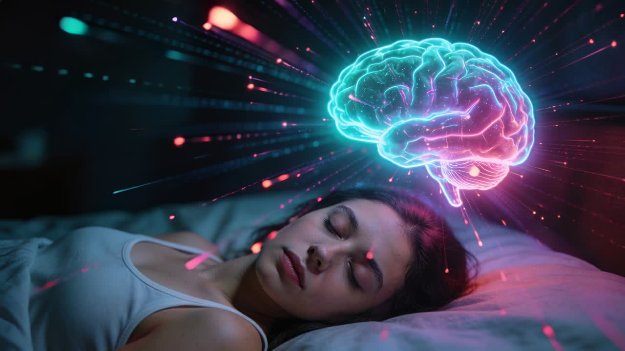 Lying woman in bedroom in tank top breathing as neon brain hologram brightening, dreaming