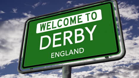 Welcome-to-Derby,-England,-UK-City-Road-Sign,-Realistic-3D-Animation