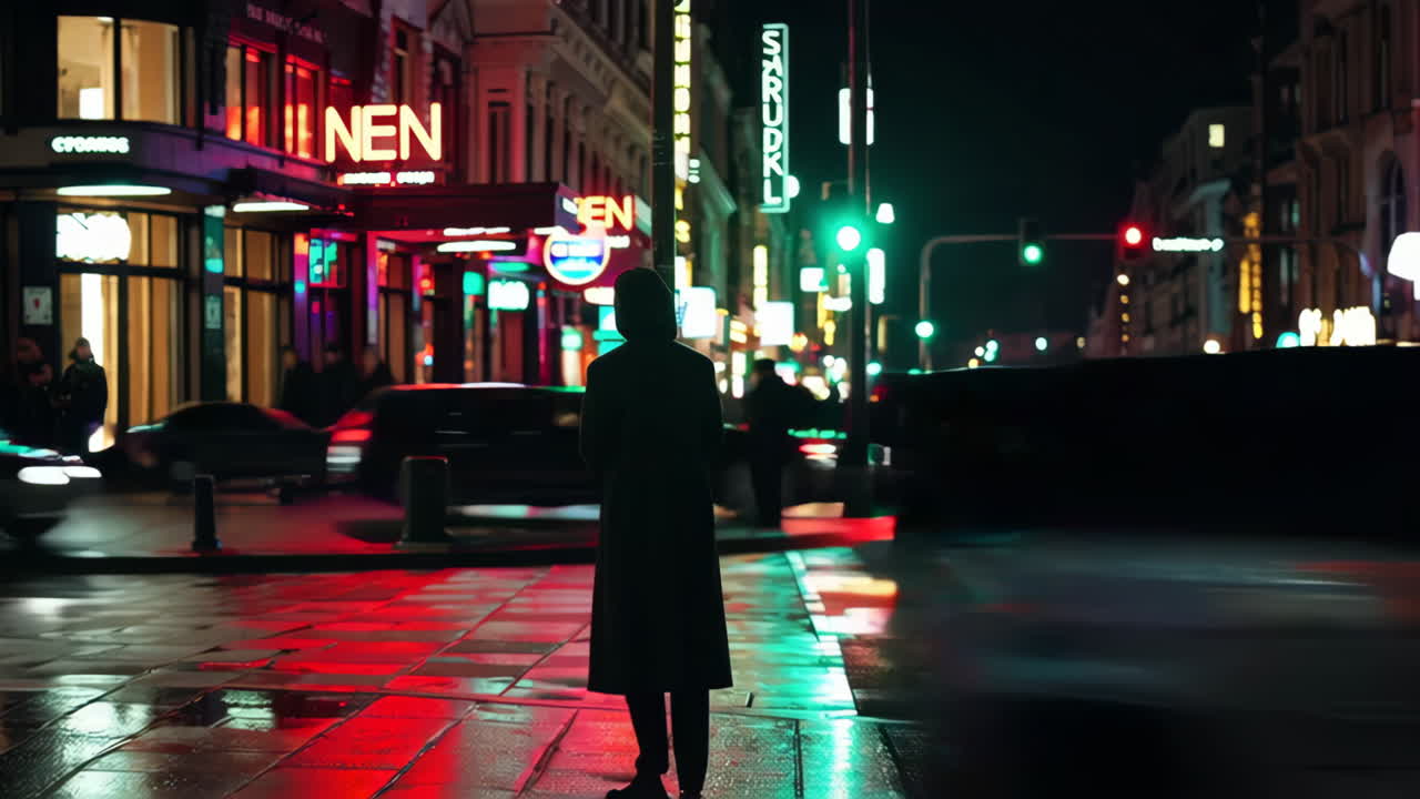 Person walking at night in a city