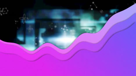 Animation-Von-Molekülen,-Die-Sich-über-Bildschirme-Drehen,-Mit-Violetter-Welle