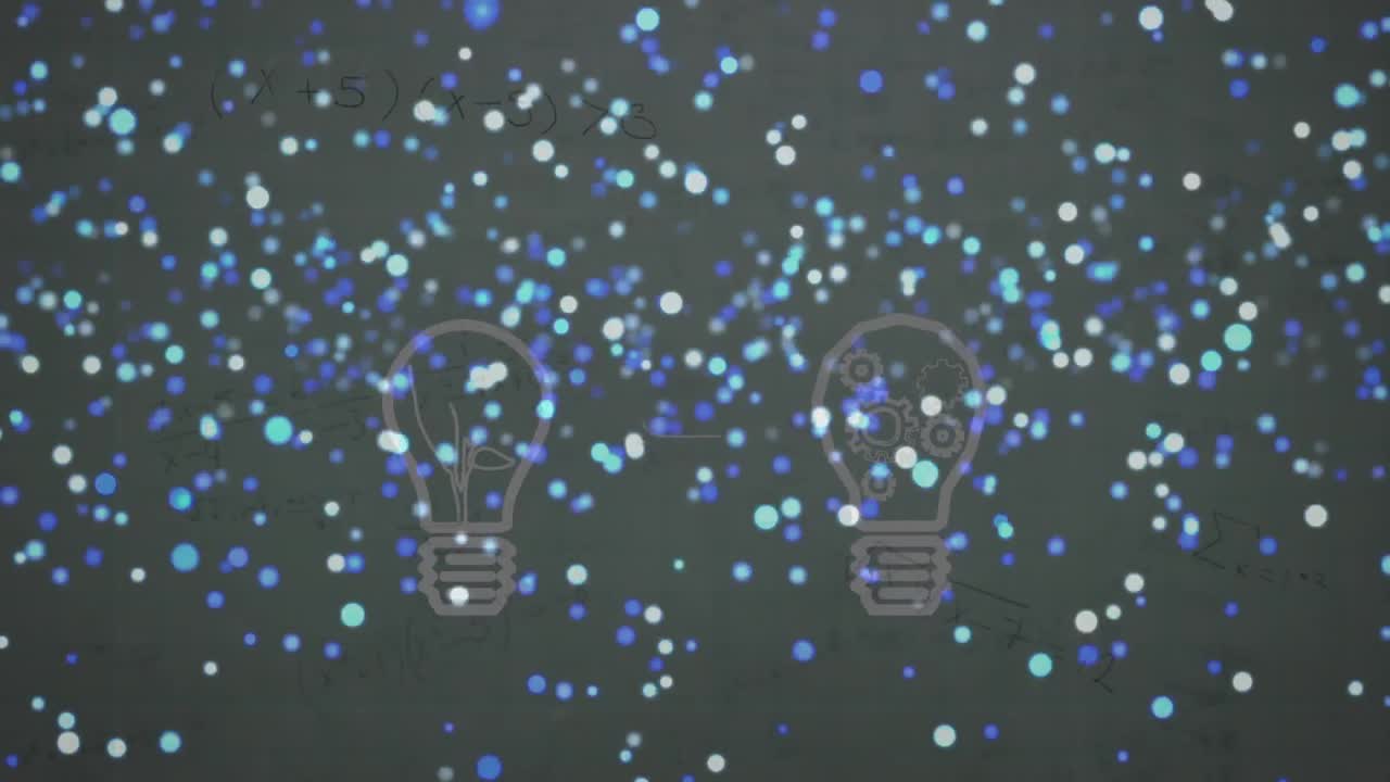 검은 바탕에 다채로운 떠다니는 크리스마스 불빛 위에 전구 기호의 애니메이션