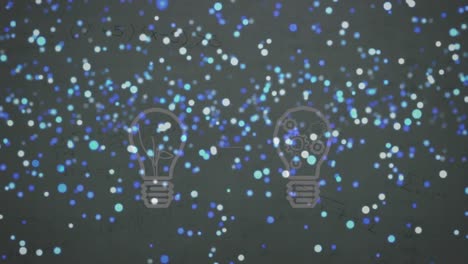 Animation-of-light-bulb-symbols-over-colourful-floating-christmas-lights-on-black-background