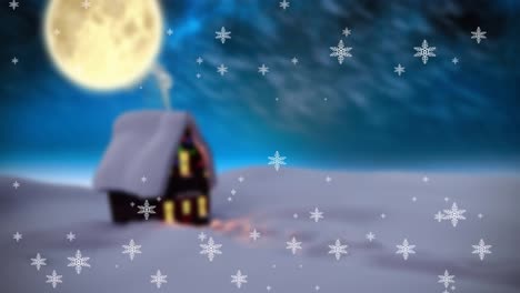 Animation-Von-Schnee,-Der-über-Die-Nächtliche-Winterlandschaft-Mit-Haus-Fällt