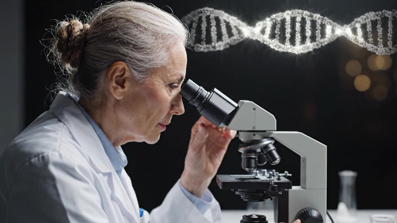 Dedicated Scientist Examining Genetic Material Through Microscope During Research, Symbolizing Discovery and Innovation in Molecular Biology and Genetics