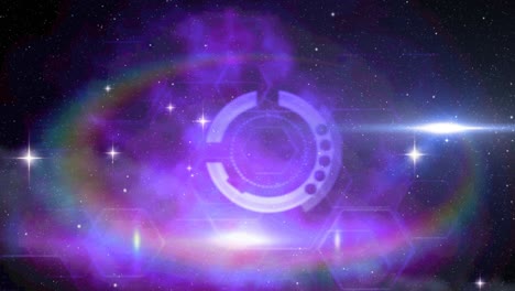 animación de puntos brillantes de alcance con destello de lente en nubes púrpuras de humo en el universo