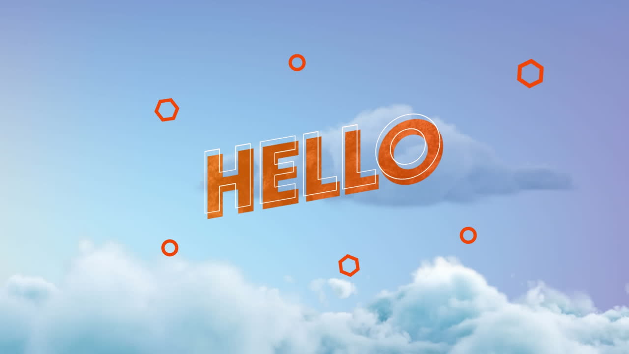 Animation of hello text over cloudy blue sky