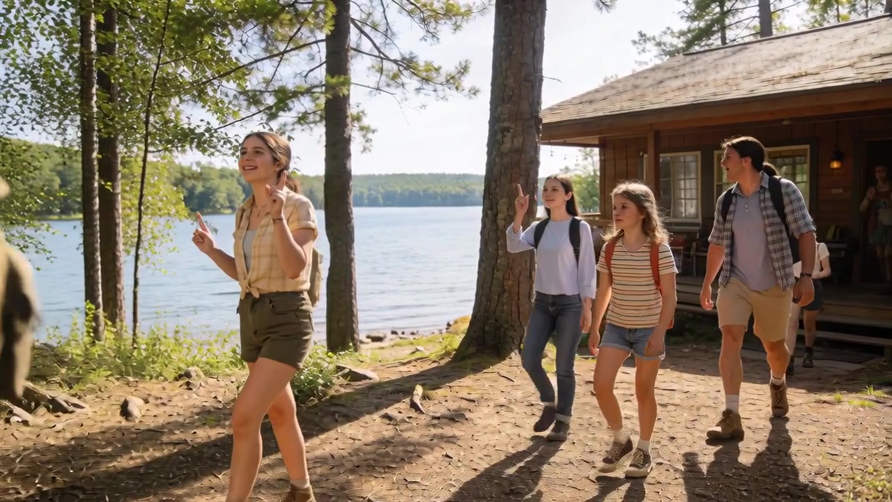 Går ut av hyttedøren, familiegruppe går mot innsjøen for tilgang til bryggen, ryggsekker synlige.