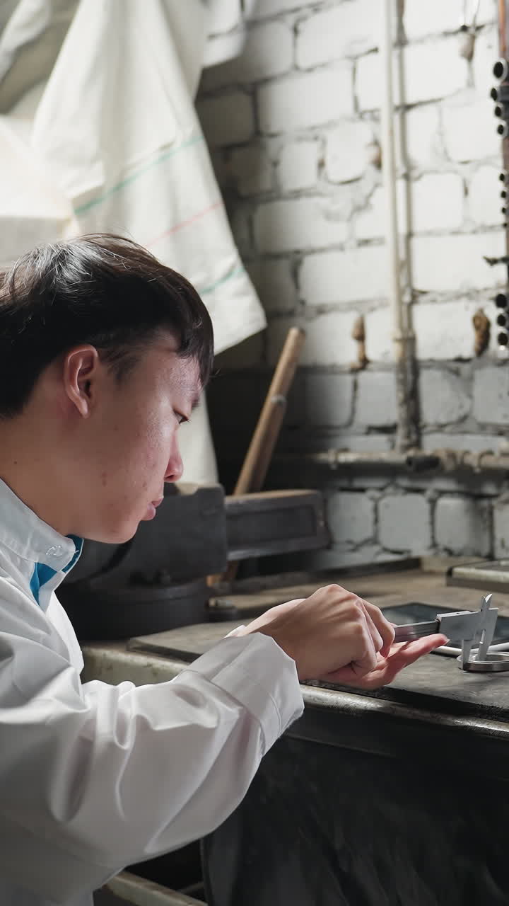 близкий задний вид человека, наблюдающего, как молодой техник в белом лабораторном пальто работает на планшете и поднимает прецизионное оборудование в автомобильной мастерской с инструментами и машинами на заднем плане