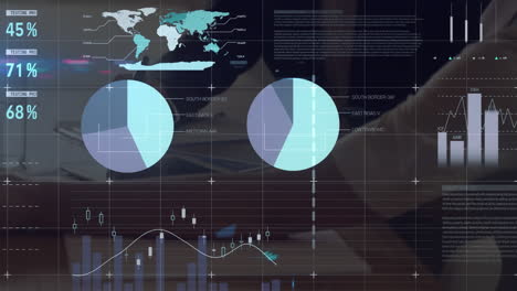 Animation-of-infographic-interface-over-midsection-of-caucasian-coworkers-discussing-on-desk