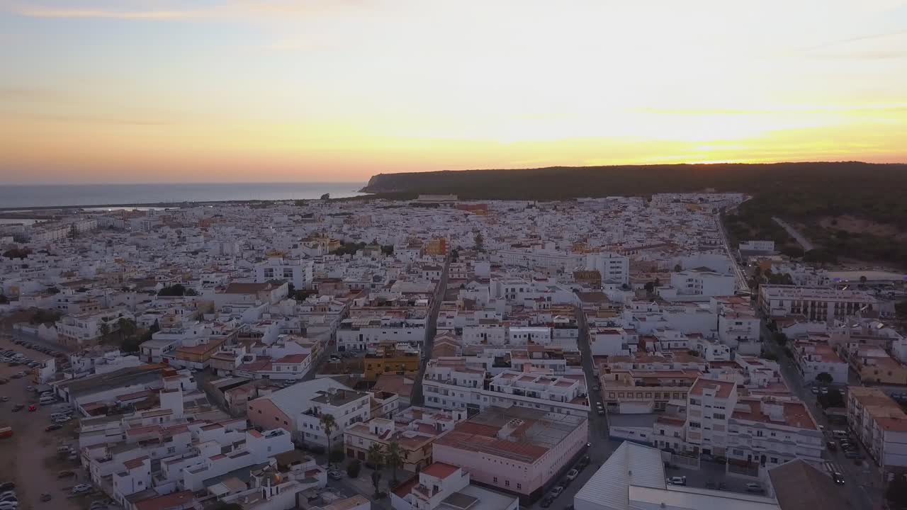 Aerial view of Barbate during the sunset with the