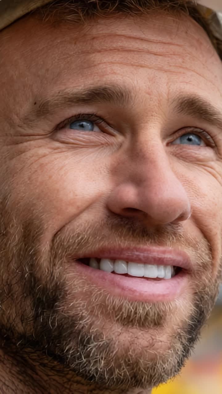 Joyful Smiles: A Close-Up Portrait Showcasing the Radiant Happiness and Genuine Expression of a Person with Captivating Blue Eyes and a Friendly Smile