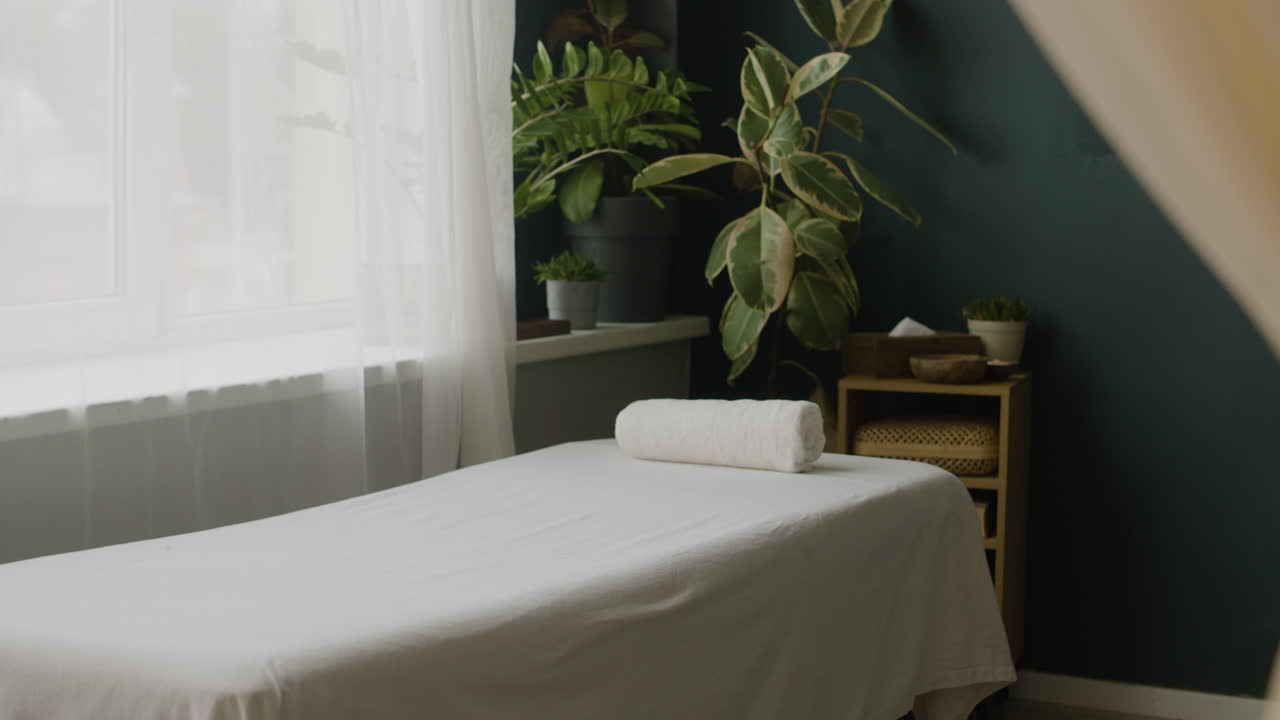 Spa treatment room with massage table and plants