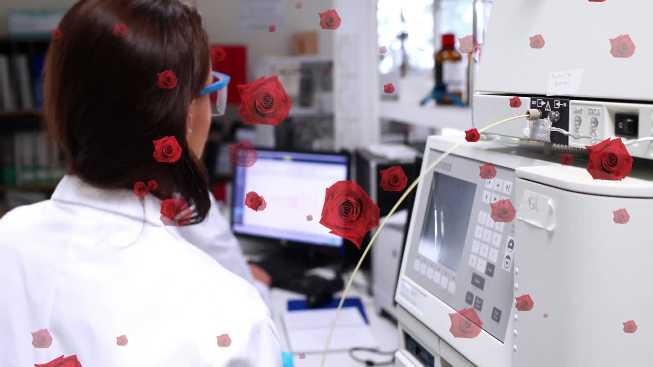 Animazione di rose su scienziata femmina caucasica che usa apparecchiature informatiche
