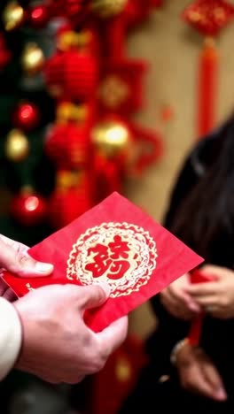a male hands handing over a traditional red envelope to another person during the chinese new year.