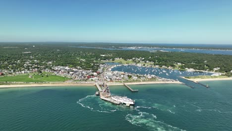 drone shot of the ferry docking at martha's vineyard on the east coast