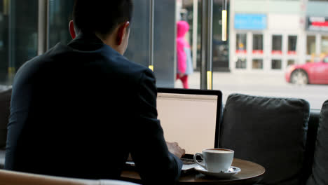 rear view of businessman working on laptop in the modern hotel 4k