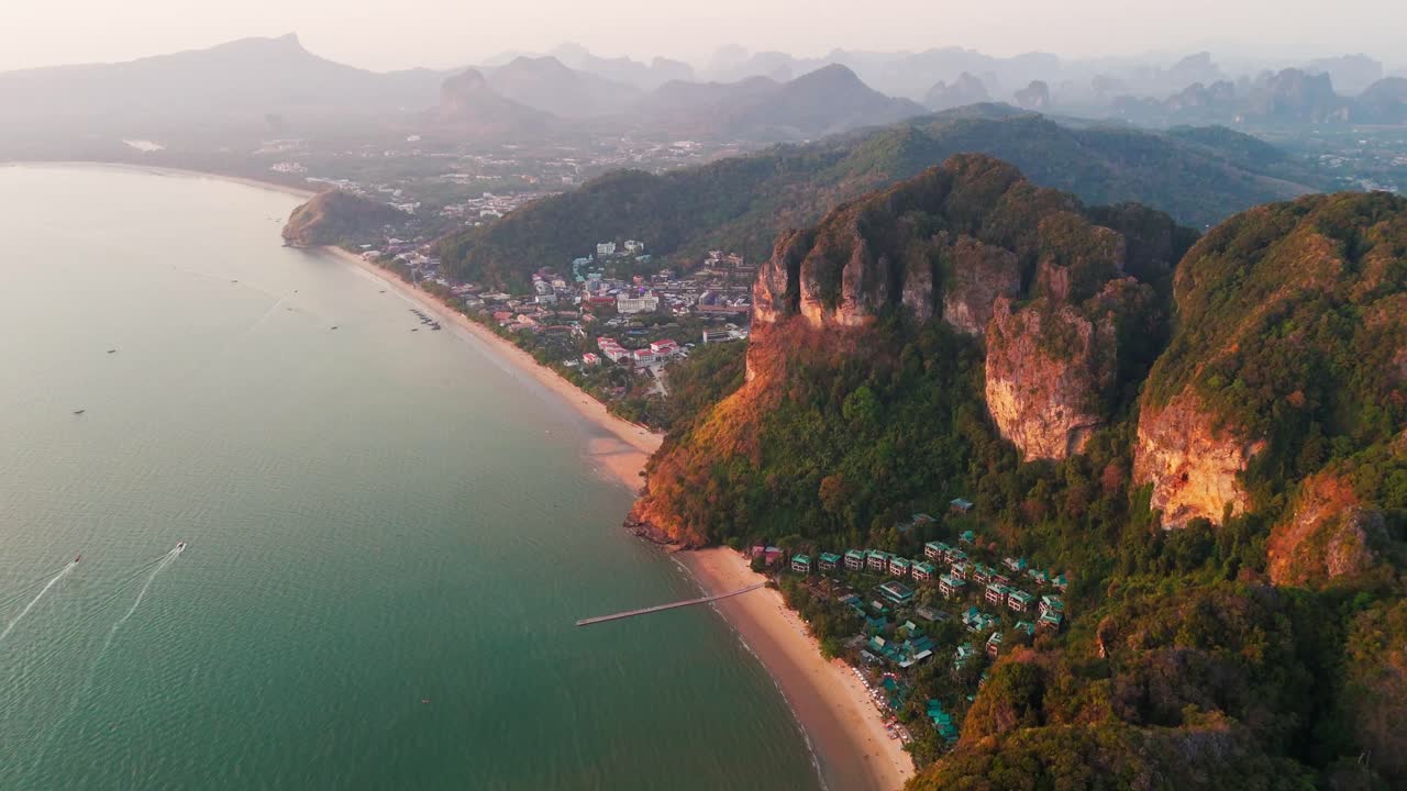 drone aerial Aerial sunset view of Krabi southern Thailand Ao Nang resort town beach