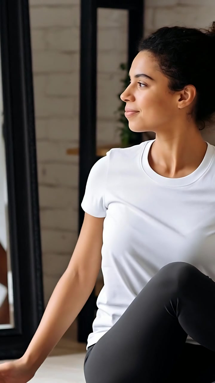 Video vertical: Mujer con camiseta blanca haciendo una torsión, llevando las manos a la cara y envolviendo el brazo alrededor de la rodilla en una esterilla en casa.