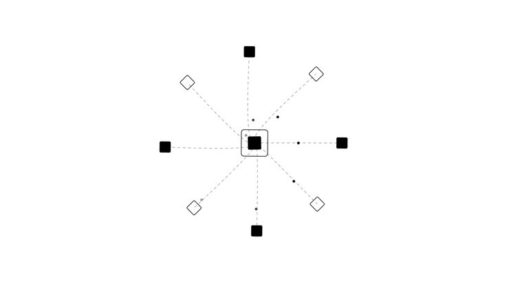 Animazione geometrica astratta di quadrati rotanti e linee di connessione
