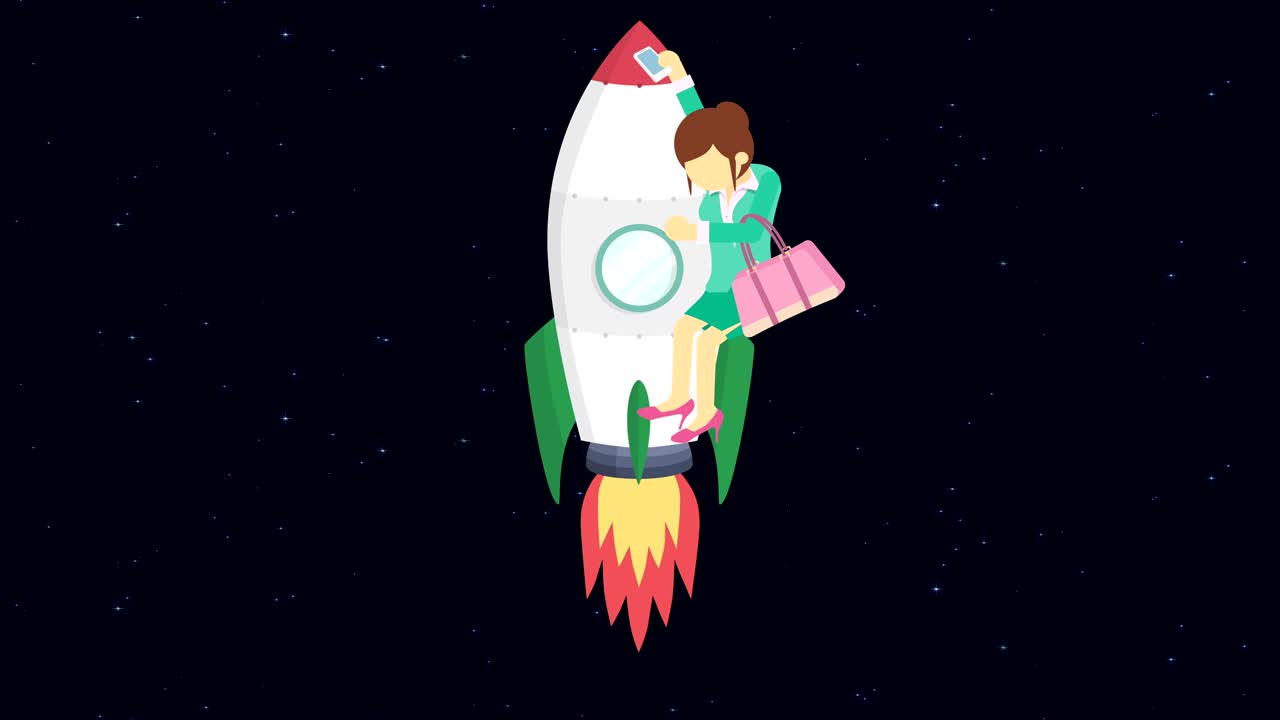 Business woman flying on rocket through the space. Leap concept. Loop illustration in flat style.