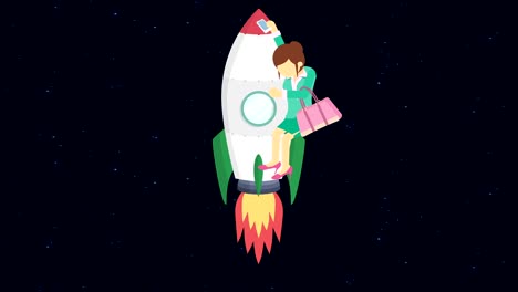 business woman flying on rocket through the space. leap concept. loop illustration in flat style.